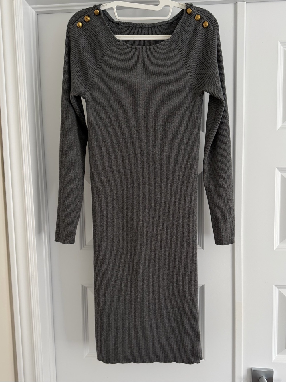 LAUREN RALPH LAUREN S Grey Rib Knit Midi Dress Gold Buttons